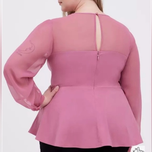 Torrid Peplum Crepe Mesh Inset Long Sleeve Blouse Sz 0X 12 L Rose Pink - Picture 3 of 10
